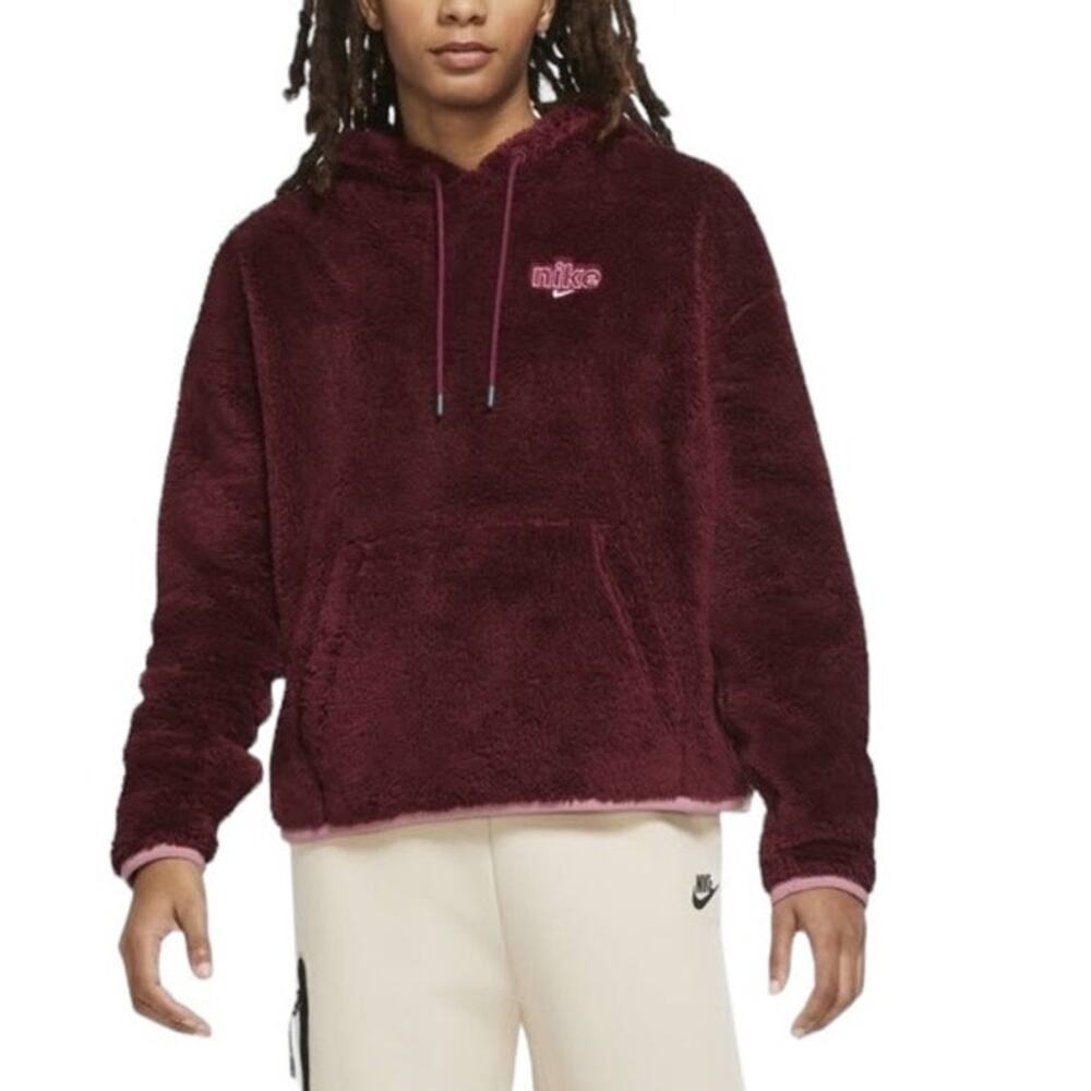 Nike Maroon Sherpa Plush Sportswear Pullover Fleece Sweatshirt Hoodie Size Small